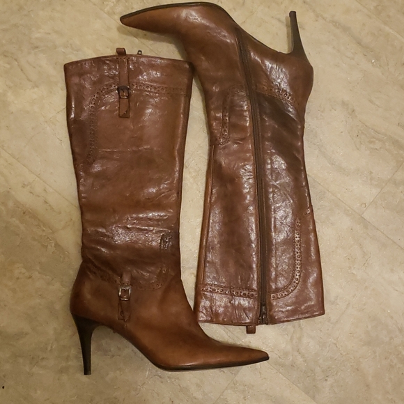 Lea Foscati Shoes - Lea Foscati Brown Leather Knee High Heeled Boots